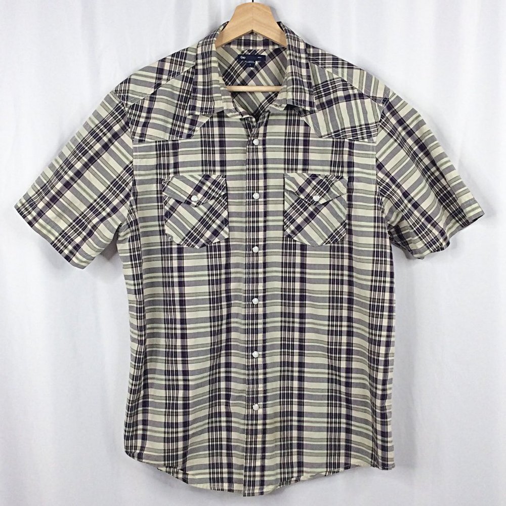 Gap Western Pearl Snap Plaid Shirt‎ Mens Size Large Short Sleeve